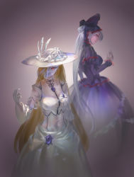 Rule 34 | 2girls, absurdres, black dress, blonde hair, breasts, character request, covered navel, dress, feathers, flower, gloves, gothic lolita, grey background, hat, hat feather, hat flower, head tilt, highres, layered dress, lolita fashion, long dress, long hair, mask, medium breasts, multiple girls, overlord (maruyama), ponytail, red eyes, shalltear bloodfallen, silver hair, song ren, standing, sun hat, very long hair, white feathers, white flower, white gloves, white hat