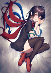 Rule 34 | 1girl, :d, ass, asymmetrical wings, black skirt, black wristband, blush, bow, fang, full body, hair between eyes, hand on own cheek, hand on own face, hands up, highres, houjuu nue, kisamu (ksmz), knee up, legs, crossed legs, legs folded, looking at viewer, looking to the side, looking up, lying, mary janes, medium hair, on bed, on side, open mouth, red bow, red eyes, red footwear, footwear bow, shoes, skindentation, skirt, smile, snake, solo, thighhighs, thighs, touhou, upskirt, wings