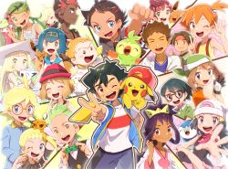 Rule 34 | 6+boys, 6+girls, :d, ;d, absurdres, ahoge, alolan form, alolan vulpix, ash ketchum, bandana, bare arms, blonde hair, blue eyes, blue hair, blue sailor collar, blush, blush stickers, bonnie (pokemon), bow, bowtie, braid, brock (pokemon), brother and sister, brown hair, chitozen (pri zen), chloe (pokemon), cilan (pokemon), clemont (pokemon), clenched hand, closed eyes, closed mouth, clothed pokemon, collarbone, commentary request, creatures (company), dark-skinned female, dark-skinned male, dark skin, dawn (pokemon), eevee, eyelashes, facing viewer, flower, game freak, gen 1 pokemon, gen 4 pokemon, gen 7 pokemon, gen 8 pokemon, gladion (pokemon), glasses, gloves, goh (pokemon), green bandana, green bow, green bowtie, green eyes, green hair, green headband, grookey, hair flower, hair ornament, hair tie, hairband, hand up, hat, headband, highres, holding, holding pokemon, hood, hoodie, iris (pokemon), jumpsuit, kiawe (pokemon), lana (pokemon), lillie (pokemon), long hair, long sleeves, looking at viewer, lower teeth only, mallow (pokemon), max (pokemon), may (pokemon), misty (pokemon), multiple boys, multiple girls, nintendo, no sclera, one eye closed, open mouth, orange hair, overalls, pikachu, pink flower, pink headwear, piplup, pokemon, pokemon (anime), pokemon (classic anime), pokemon (creature), pokemon bw (anime), pokemon dppt (anime), pokemon journeys, pokemon rse (anime), pokemon sm (anime), pokemon xy (anime), purple headwear, round eyewear, sailor collar, scarf, serena (pokemon), shirt, short hair, siblings, side ponytail, sleeveless, sleeveless shirt, smile, sophocles (pokemon), suspenders, teeth, togedemaru, tongue, tracey sketchit, traditional bowtie, tsareena, twintails, upper teeth only, v, vest, white gloves, white headwear, white shirt, yellow scarf, yellow shirt