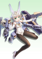 Rule 34 | 1girl, baselard, bodysuit, bunny day, covered navel, elbow gloves, extra arms, frame arms girl, gloves, green eyes, gun, highres, holding, holding gun, holding weapon, kimizuka aoi, looking up, mecha musume, mechanical ears, open hands, open mouth, skin tight, solo, weapon, white gloves