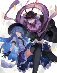 Rule 34 | 2girls, black gloves, black headwear, blouse, blue hair, blue skirt, bow, bowtie, center frills, check commentary, commentary request, electricity, falken (yutozin), feet out of frame, frilled skirt, frills, gloves, hagoromo, hand on headwear, hat, hat bow, hat ribbon, highres, hinanawi tenshi, invisible chair, long hair, long sleeves, looking at viewer, multiple girls, nagae iku, open mouth, photoshop (medium), puffy short sleeves, puffy sleeves, purple hair, red eyes, revision, ribbon, shawl, shirt, short sleeves, sitting, skirt, thighhighs, touhou, waist bow, white shirt