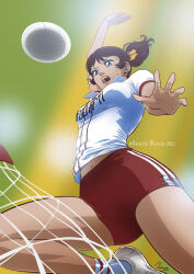 Rule 34 | 1girl, attack no 1, ayuhara kozue, ball, female focus, foot out of frame, from below, solo, sportswear, uniform, view between legs, volleyball, volleyball (object), volleyball net, volleyball uniform