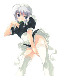 Rule 34 | 1girl, ahoge, apron, bad id, bad pixiv id, blue eyes, blush, bow, braid, breasts, clothes lift, covering privates, covering crotch, female focus, frills, garter straps, gathers, hair bow, hand on own chest, impossible clothes, impossible shirt, izayoi sakuya, lace, lace-trimmed legwear, lace trim, large breasts, legs, maid, maid apron, maid headdress, no panties, ribbon, shirota dai, shirt, short hair, silver hair, simple background, skirt, skirt lift, smile, solo, thighhighs, touhou, twin braids, white thighhighs, wide hips, wind, wind lift
