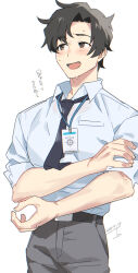 Rule 34 | 1boy, black eyes, black hair, black necktie, blue archive, blue archive the animation, blush, collared shirt, dated, highres, id card, male focus, necktie, open mouth, pants, sagami jon, sensei (blue archive), sensei (blue archive the animation), shirt, signature, simple background, sleeves rolled up, solo, white background, white shirt