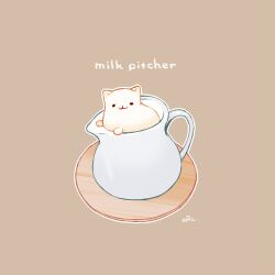 Rule 34 | :3, animal focus, brown background, cat, chai (drawingchisanne), commentary request, english text, food-themed creature, food focus, in container, looking at viewer, milk, no humans, original, pitcher (container), signature, simple background, wooden plate