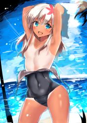 Rule 34 | 10s, 1girl, blush, censored, convenient censoring, hair censor, hair over breasts, highres, kantai collection, long hair, moruchi (rinaka moruchi), one-piece tan, open mouth, ro-500 (kancolle), swimsuit, tan, tanline, water