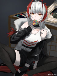 Rule 34 | + +, 1girl, absurdres, antenna hair, arknights, artist name, bare shoulders, black background, black gloves, black jacket, black shorts, black thighhighs, breasts, candy, collarbone, detonator, eating, explosive, fingerless gloves, food, gloves, grenade, highres, holding, holding food, horns, jacket, linmusheng, lollipop, long sleeves, looking at viewer, medium breasts, multicolored hair, official alternate costume, open clothes, open jacket, orange eyes, red hair, shirt, short hair, short shorts, shorts, silver hair, simple background, sitting, sleeves past wrists, solo, spread legs, table, tank top, thighhighs, two-tone hair, w (arknights), weibo username, white shirt