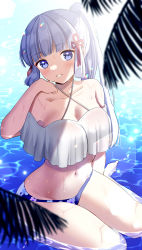 Rule 34 | 1girl, absurdres, arm at side, ayaka (genshin impact), bare legs, bare shoulders, barefoot, bikini, blue bikini, blue eyes, blurry, blurry foreground, breasts, cleavage, collarbone, commentary request, criss-cross halter, day, floral print, flower knot, genshin impact, grey hair, grin, groin, hair ornament, halterneck, hand up, head tilt, high ponytail, highres, kazepana, large breasts, lens flare, light blush, long hair, looking at viewer, mismatched bikini, navel, off-shoulder bikini, off shoulder, outdoors, palm tree, parted lips, partially submerged, ponytail, print bikini, shade, shallow water, sitting, smile, solo, stomach, swimsuit, tree, water, water drop, wet, white bikini, yokozuwari