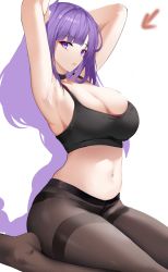 Rule 34 | 1girl, absurdres, armpits, arms behind head, arms up, bare arms, bare shoulders, black choker, black panties, braid, breasts, bright pupils, brown pantyhose, choker, cleavage, commentary, crop top, genshin impact, hair ornament, highres, long hair, looking at viewer, midriff, mole, mole under eye, navel, nevin (flyskying), no shoes, panties, panties under pantyhose, pantyhose, parted lips, purple eyes, purple hair, raiden shogun, resolution mismatch, single braid, sitting, sleeveless, solo, source smaller, sports bra, stomach, sweat, symbol-only commentary, thighband pantyhose, underwear, very long hair