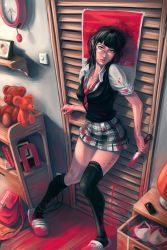 Rule 34 | 1girl, black hair, black thighhighs, blood, blood stain, breasts, cleavage, closet, glasses, guro, image sample, knife, leaning, medium breasts, miniskirt, murder, necktie, open mouth, plaid, plaid skirt, school uniform, sidelocks, skirt, slippers, solo, stain, standing, stuffed animal, stuffed toy, sweater, sweater vest, teddy bear, thighhighs, vest, weapon, zettai ryouiki