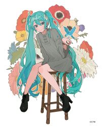 Rule 34 | 1girl, ahoge, alternate costume, aqua eyes, aqua hair, aqua nails, bare legs, bird, black footwear, closed mouth, clover, commentary, copyright notice, dress, floral background, four-leaf clover, full body, hair between eyes, hassan (sink916), hatsune miku, heart, heart-shaped pupils, high heels, high tops, highres, leaning forward, long hair, long sleeves, looking at viewer, loose clothes, shoes, short dress, sitting, smile, sneakers, stool, symbol-shaped pupils, twintails, very long hair, vocaloid, white dress, wide sleeves, wristband, yellow pupils
