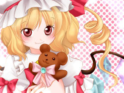 Rule 34 | 1girl, blonde hair, blush, bow, close-up, drill hair, embodiment of scarlet devil, fang, female focus, flandre scarlet, gradient background, hat, red eyes, ribbon, side ponytail, smile, solo, stuffed animal, stuffed toy, teddy bear, touhou, wings, yuzuna99