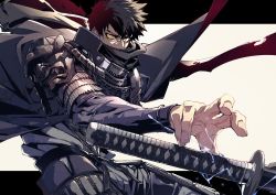 Rule 34 | 1boy, armor, black hair, covered mouth, cowboy shot, doudanuki masakuni, fighting stance, highres, japanese armor, japanese clothes, katana, lightning, looking at viewer, male focus, manly, ogata tomio, scar, scarf, simple background, solo, sword, touken ranbu, upper body, weapon, yellow eyes
