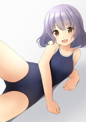 Rule 34 | 1girl, :d, bare arms, bare shoulders, blue one-piece swimsuit, bob cut, brown eyes, collarbone, commentary request, gradient background, grey background, hair between eyes, highres, looking at viewer, new school swimsuit, one-piece swimsuit, open mouth, original, purple hair, school swimsuit, shibacha, smile, solo, swimsuit