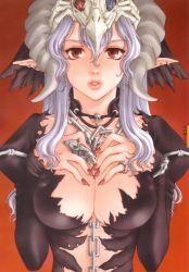 Rule 34 | 1girl, chain, demon girl, earrings, fingernails, highres, horns, jewelry, kanesada keishi, leather, long fingernails, long hair, nail polish, pointy ears, red eyes, silver hair, simple background, solo, torn clothes