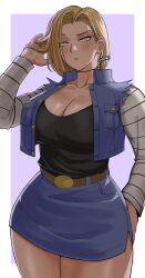 Rule 34 | 1girl, adjusting hair, android 18, belt, black shirt, blonde hair, blue jacket, blue skirt, blush, breasts, cleavage, closed mouth, cowboy shot, cropped jacket, dragon ball, dragonball z, gud0c, highres, jacket, large breasts, looking at viewer, no legwear, open clothes, open jacket, shirt, short hair, skirt, solo, standing, thighs, wide hips