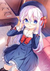 Rule 34 | 1girl, :d, adjusting eyewear, beret, black thighhighs, blue-framed eyewear, blue dress, blue eyes, blue hat, blue jacket, blush, bow, chinomaron, commentary request, dress, frilled dress, frills, gochuumon wa usagi desu ka?, hair between eyes, hair ornament, hands up, hat, heart, heart-shaped pupils, highres, indoors, jacket, kafuu chino, long hair, long sleeves, looking at viewer, open mouth, purple hair, red bow, sailor collar, signature, sleeves past wrists, smile, solo, symbol-shaped pupils, table, thighhighs, twitter username, very long hair, white sailor collar, x hair ornament