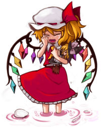 Rule 34 | 1girl, blonde hair, character doll, closed eyes, crying, doll, female focus, flandre scarlet, hat, kirisame marisa, kty (04), lowres, mob cap, open mouth, short hair, solo, tears, touhou, water, wings