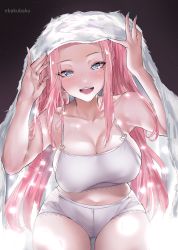Rule 34 | 1girl, absurdres, aqua nails, artist name, bare shoulders, blue eyes, blush, breasts, cleavage, commission, covered erect nipples, ebakubaku, highres, large breasts, leaning forward, long hair, looking at viewer, mole, mole under eye, nail polish, open mouth, pink hair, smile, solo, thighs, twintails