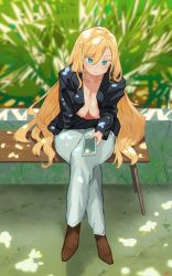 Rule 34 | 1girl, bench, black jacket, blonde eyebrows, blonde hair, blue eyes, blurry, blurry background, breasts, brown footwear, cellphone, closed mouth, collared shirt, colored eyelashes, commentary, commentary request, crossed legs, dappled sunlight, day, denim, depth of field, english commentary, full body, hair between eyes, highres, holding, holding phone, jacket, jeans, large breasts, long hair, long sleeves, looking at viewer, miami-chan (ryusei hashida), mixed-language commentary, no bra, open clothes, open jacket, original, outdoors, pants, phone, ryusei hashida, shirt, sitting, smartphone, solo, sunlight, tsurime, veins, veiny breasts, very long hair, white pants