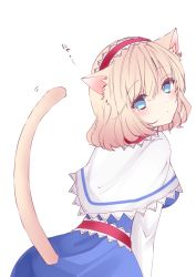 Rule 34 | 1girl, alice margatroid, animal ears, bad id, bad pixiv id, blonde hair, blue dress, blue eyes, capelet, cat ears, cat girl, cat tail, dress, from behind, hair between eyes, hairband, kemonomimi mode, leaning forward, looking at viewer, looking back, nanase nao, red hairband, simple background, solo, tail, tail raised, touhou, white background, white capelet