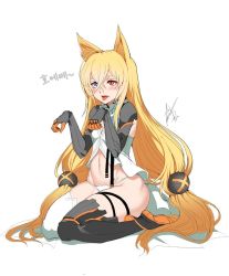Rule 34 | ahoge, animal ears, artist request, barcode, barcode tattoo, blonde hair, blue eyes, breasts, full body, g41 (girls&#039; frontline), girls&#039; frontline, hair between eyes, heterochromia, korean text, long hair, low-tied long hair, mechanical arms, midriff, navel, panties, paw pose, red eyes, simple background, sitting, small breasts, string panties, tattoo, thighhighs, tongue, tongue out, underwear, very long hair, wariza, white background, white panties