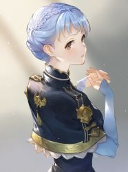 Rule 34 | 1girl, back, blue capelet, blue dress, blue hair, bomssp, braid, brown eyes, capelet, commentary request, crown braid, dress, epaulettes, fire emblem, fire emblem: three houses, highres, light particles, long sleeves, looking away, marianne von edmund, nintendo, own hands together, parted lips, shadow, short hair, solo, teeth