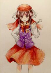 Rule 34 | 1girl, brown eyes, brown hair, buttons, colored pencil (medium), commentary request, cowboy shot, ex-rika, flat chest, hand on own hip, hat, holding, holding wrench, kaigen 1025, long sleeves, medium hair, neck ribbon, open mouth, purple vest, red hat, red ribbon, red skirt, ribbon, rika (touhou), shirt, simple background, skirt, smile, solo, touhou, touhou (pc-98), traditional media, vest, white background, white shirt, wrench