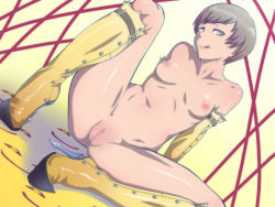 Rule 34 | 1girl, :q, atlus, boots, breasts, censored, dark persona, dutch angle, elbow gloves, em (totsuzen no hakike), gloves, high heel boots, high heels, licking lips, naughty face, nipples, nude, persona, persona 4, pussy, satonaka chie, shadow (persona), shoes, short hair, sitting, solo, spread legs, tongue, tongue out