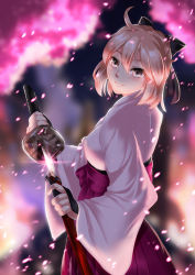 Rule 34 | 1girl, ahoge, armor, black bow, blonde hair, blurry, blurry background, bow, breasts, cherry blossoms, closed mouth, cowboy shot, fate/grand order, fate (series), from side, glowing, grey eyes, hair between eyes, hair bow, hakama, hakama skirt, haryudanto, highres, holding, holding sword, holding weapon, japanese armor, japanese clothes, katana, kimono, koha-ace, kote, kurokote, lens flare, light particles, looking at viewer, medium breasts, motion blur, night, okita souji (fate), okita souji (koha-ace), pink hair, purple hakama, red hakama, scarf, shade, sheath, short hair, skirt, smile, solo, sword, unsheathing, weapon
