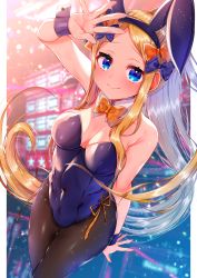 Rule 34 | 1girl, abigail williams (fate), akirannu, animal ears, black bow, black leotard, blonde hair, blue eyes, blurry, blurry background, bow, bowtie, breasts, closed mouth, covered navel, detached collar, fake animal ears, fate/grand order, fate (series), forehead, hair bow, highleg, highleg leotard, highres, leotard, light particles, long hair, multiple bows, orange bow, pantyhose, parted bangs, playboy bunny, ponytail, rabbit ears, small breasts, smile, solo, strapless, strapless leotard, thighs, wrist cuffs