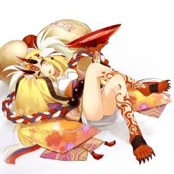 Rule 34 | 1girl, ass, barefoot, blonde hair, claws, cup, fate/grand order, fate (series), feet, female focus, holding, holding cup, horns, ibaraki douji (fate), japanese clothes, kimono, long hair, looking at viewer, lying, on back, oni, oni horns, sakazuki, short kimono, simple background, solo, suyamunya, wide sleeves, yellow eyes, yellow kimono