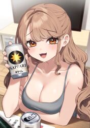 Rule 34 | 1girl, absurdres, arm under breasts, bare shoulders, beer can, blurry, blurry background, blurry foreground, blush, breasts, brown eyes, camisole, can, collarbone, commentary, drink can, grey camisole, hair intakes, hand up, highres, holding, holding can, indoors, kodama&#039;s elder sister (sakura yuki), large breasts, light brown hair, long hair, looking at viewer, open mouth, original, raised eyebrows, sakura yuki (clochette), smile, solo, swept bangs, television, upper body, very long hair, wooden floor