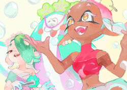 Rule 34 | 1boy, 2girls, :d, bare shoulders, big man (splatoon), blue hair, blush stickers, bubble, chest sarashi, colored eyelashes, crop top, dango, dango earrings, dark-skinned female, dark skin, earrings, fangs, flower, flower earrings, folded fan, folding fan, food, food-themed earrings, food on head, frye (splatoon), gradient hair, green hair, hair flower, hair ornament, hair over one eye, hand fan, holding, holding fan, inkling, jewelry, kamikaihi game, long hair, looking up, manta ray, midriff, multicolored hair, multiple girls, navel, nintendo, object on head, octoling, official alternate costume, one eye covered, open mouth, pink hair, pink shawl, pink shirt, pointy ears, red eyes, sarashi, see-through shawl, shawl, shirt, shiver (splatoon), sleeveless, sleeveless shirt, smile, splatoon (series), splatoon 3, star-shaped pupils, star (symbol), suction cups, symbol-shaped pupils, tentacle hair, two-tone hair, upper body, wagashi, white background, yellow eyes