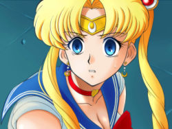 Rule 34 | 1girl, bishoujo senshi sailor moon, blonde hair, blue eyes, blue sailor collar, blush, breasts, choker, circlet, cleavage, collarbone, commentary, crescent, crescent earrings, double bun, earrings, hair bun, hair ornament, hair over shoulder, heart, heart choker, jewelry, lento (glamour works), long hair, meme, parted lips, red choker, sailor collar, sailor moon, sailor moon redraw challenge (meme), sailor senshi uniform, signature, solo, twintails, upper body