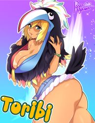 Rule 34 | 1girl, agawa ryou, animal hood, artist name, ass, bird, blonde hair, blue eyes, bracelet, breasts, brown hair, character name, cleavage, female focus, gradient background, hood, jewelry, large breasts, lips, profile, shorts, smile, solo, standing, tail, tan, tanline
