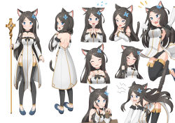 Rule 34 | 1girl, :d, absurdres, aina (mao lian), all fours, angry, animal ear fluff, animal ears, arm support, backless dress, backless outfit, bare shoulders, black bow, black choker, black thighhighs, blue eyes, blue footwear, blush, bow, breasts, brown hair, cat ears, cat tail, choker, closed eyes, closed mouth, cold, cross, crying, detached sleeves, dress, drinking, expressions, flower, flying sweatdrops, hair flower, hair ornament, head tilt, highres, holding, holding scepter, long hair, long sleeves, looking at viewer, mao lian (nekokao), medium breasts, multiple views, notice lines, open mouth, original, own hands together, pelvic curtain, pigeon-toed, praying, scepter, shoes, side slit, simple background, smile, tail, tail raised, tears, thighhighs, very long hair, white background, white dress