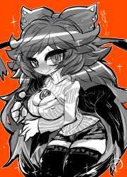 Rule 34 | 1girl, alternate costume, bow, breasts, cleavage, contemporary, covered erect nipples, hair bow, twirling hair, large breasts, long hair, meme attire, monochrome, open-chest sweater, reiuji utsuho, short shorts, shorts, sketch, solo, sweater, thighhighs, third eye, touhou, wings, yt (wai-tei)