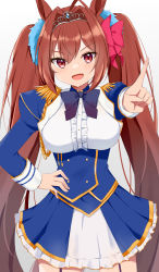 Rule 34 | 1girl, :d, absurdres, animal ears, blue jacket, blue skirt, blush, breasts, brown hair, center frills, commentary request, daiwa scarlet (umamusume), epaulettes, fang, frills, gradient background, grey background, hair between eyes, hair intakes, highres, horse ears, horse girl, horse tail, jacket, juliet sleeves, long hair, long sleeves, looking at viewer, medium breasts, open clothes, open jacket, open mouth, outstretched arm, pleated skirt, pointing, pointing at viewer, puffy sleeves, red eyes, shirt, skirt, smile, solo, swon (joy200892), tail, tiara, twintails, umamusume, v-shaped eyebrows, very long hair, white background, white shirt