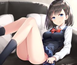 Rule 34 | 1girl, ass, black hair, black socks, blue eyes, blue skirt, blunt bangs, bow, bowtie, breasts, brown hair, closed mouth, collared shirt, couch, feet out of frame, indoors, kneehighs, long sleeves, looking at viewer, lying, medium breasts, miniskirt, on back, on couch, original, panties, panty pull, pillow, pink panties, plaid, plaid bow, plaid bowtie, plaid neckwear, red bow, red bowtie, rin yuu, school uniform, shirt, short hair, sitting, skirt, smile, socks, solo, sweater vest, thighs, underwear, white shirt, wing collar