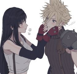 Rule 34 | 1boy, 1girl, 234 (1234!), arm warmers, armor, black hair, blonde hair, blue eyes, blush, breasts, closed mouth, cloud strife, commentary, ear piercing, english commentary, eyes visible through hair, final fantasy, final fantasy vii, fingerless gloves, gloves, hair between eyes, hands on another&#039;s face, highres, large breasts, lips, long hair, looking at another, midriff, motion lines, piercing, pout, profile, red eyes, red gloves, ribbed shirt, shirt, short hair, shoulder armor, simple background, sleeveless, sleeveless shirt, spiked hair, straight hair, strap, suspenders, tank top, tifa lockhart, turtleneck, upper body, white background, white tank top