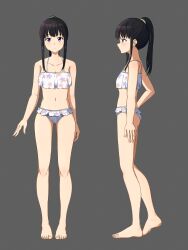 Rule 34 | 1girl, absurdres, alternate hairstyle, barefoot, bikini, black hair, breasts, cleavage, closed mouth, collarbone, commentary, feet, floral print, frilled bikini, frills, from side, green scrunchie, grey background, hair ornament, hair scrunchie, highres, inoue takina, legs, long hair, looking at viewer, lycoris recoil, multiple views, navel, official alternate costume, ponytail, print bikini, purple eyes, scrunchie, sidelocks, simple background, small breasts, standing, stomach, swimsuit, tbear, toes, white bikini