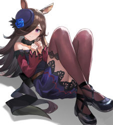 Rule 34 | animal ears, back bow, bare shoulders, belt, black footwear, black ribbon, blue flower, blue hat, blue rose, bow, brown belt, brown hair, closed mouth, crossed ankles, dress, flower, fur collar, hair over one eye, hands up, hat, hat flower, highres, horse ears, horse girl, horse tail, lace trim, light blush, long hair, looking at viewer, lying, off-shoulder dress, off shoulder, one eye covered, own hands together, pink thighhighs, purple eyes, ribbon, rice shower (umamusume), rose, shadow, simple background, sl86, smile, tail, thighhighs, thighs, tilted headwear, umamusume, white background
