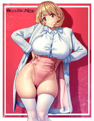 Rule 34 | 1girl, breasts, brown eyes, brown hair, bursting breasts, cameltoe, hair ornament, hairclip, hands on own hips, heart, heart hair ornament, highres, huge breasts, narusawa ryouka, necktie, nikichen, occultic;nine, open mouth, plaid, plaid skirt, raised eyebrows, short hair, skindentation, skirt, smile, solo, thick thighs, thighs, white legwear