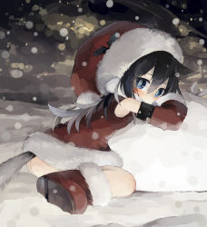 Rule 34 | 1girl, animal ears, ass, bat hair ornament, black hair, blue eyes, blush, boots, covered mouth, detached sleeves, from side, fur-trimmed boots, fur-trimmed sleeves, fur trim, hair between eyes, hair ornament, hat, looking at viewer, no panties, original, paprika shikiso, sack, santa costume, santa hat, sitting, snow, solo, tail, wariza