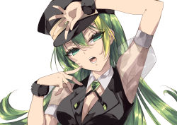 Rule 34 | 1girl, absurdres, alina gray, aqua eyes, black hat, black necktie, black vest, brooch, collar, cross tie, detached collar, gem, green gemstone, green hair, hair between eyes, hat, highres, jewelry, lapels, magia record: mahou shoujo madoka magica gaiden, magical girl, mahou shoujo madoka magica, misteor, multicolored hair, necktie, notched lapels, open mouth, peaked cap, puffy short sleeves, puffy sleeves, see-through, see-through sleeves, short sleeves, sidelocks, simple background, solo, straight hair, streaked hair, v-neck, vest, white collar, white sleeves