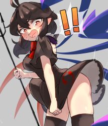 Rule 34 | !, !!, 1girl, ahoge, antenna hair, ass, asymmetrical wings, back cutout, black dress, black hair, black thighhighs, blue wings, blush, bow, bowtie, breasts, buttons, clothing cutout, cowboy shot, dress, dress tug, fangs, holding, holding polearm, holding weapon, houjuu nue, looking at viewer, looking down, medium breasts, no panties, open mouth, paid reward available, pointy ears, polearm, red bow, red bowtie, red eyes, red wings, short dress, short hair, short sleeves, simple background, skindentation, solo, standing, surprised, sweatdrop, thighhighs, thighs, tomoe (symbol), tongue, touhou, trident, uisu (noguchipint), upskirt, weapon, white background, wind, wind lift, wings, zettai ryouiki