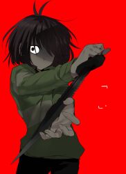 Rule 34 | 1other, antenna hair, black eyes, black pants, brown hair, collared shirt, colored skin, combat knife, deltarune, fingernails, foreshortening, green sweater, holding, holding knife, knife, komugiko (bitte komu), kris (deltarune), long sleeves, looking at viewer, medium hair, no mouth, no pupils, pants, red background, shaded face, shirt, solo, striped clothes, striped sweater, sweater, weapon, yellow skin, yellow sweater