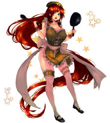 Rule 34 | 1girl, apron, blue eyes, bow, braid, breasts, cleavage, frying pan, hair bow, hong meiling, ladle, large breasts, long hair, looking at viewer, mary janes, naked apron, open mouth, panzer (p.z), red hair, shoes, sketch, smile, solo, star (symbol), thighhighs, touhou, twin braids, white thighhighs