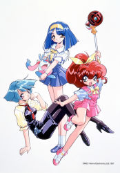 Rule 34 | 1990s (style), 1997, 3girls, aqua eyes, aqua hair, blue hair, blunt ends, carrying, carrying under arm, character request, company name, dated, hairband, high heels, high ponytail, looking at viewer, minimum nanonic, multiple girls, official art, open mouth, pantyhose, pencil skirt, pleated skirt, red hair, retro artstyle, shoes, short sleeves, simple background, skirt, sneakers, suzuki noritaka, wand, white background, yellow eyes